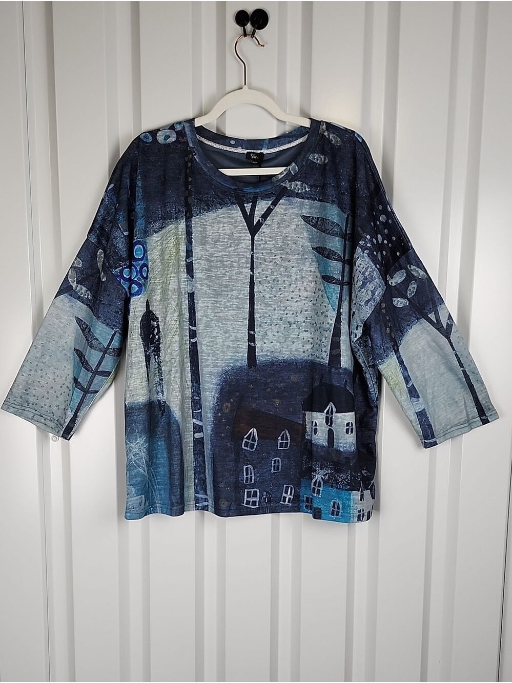 SHANA Women's Blue Scenic Half-Sleeve Top XXL NWT House Print Art To Wear Artsy